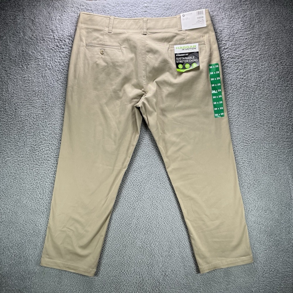 Haggar Chino Pants Mens 38x29 Khaki In Motion Stretch Straight Fit NWT - Picture 3 of 15